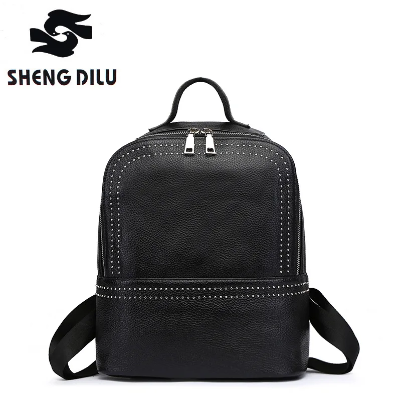

New Rivets Genuine Leather Bag Ladies Autumn Backpacks For Women Female Casual Fashion Bag College Bags School Backpack Black