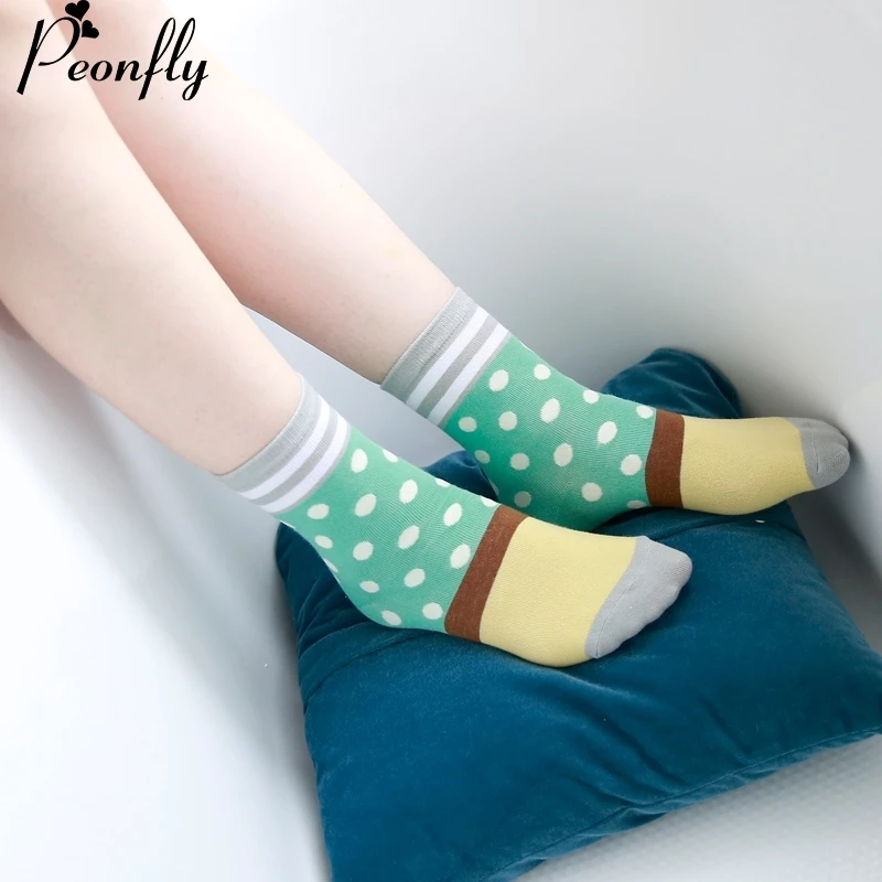 PEONFLY Dot Stripes print красочные Хлопковые женские повседневные носки Забавные милые Креативные женские носки для отдыха 5 пар/лот