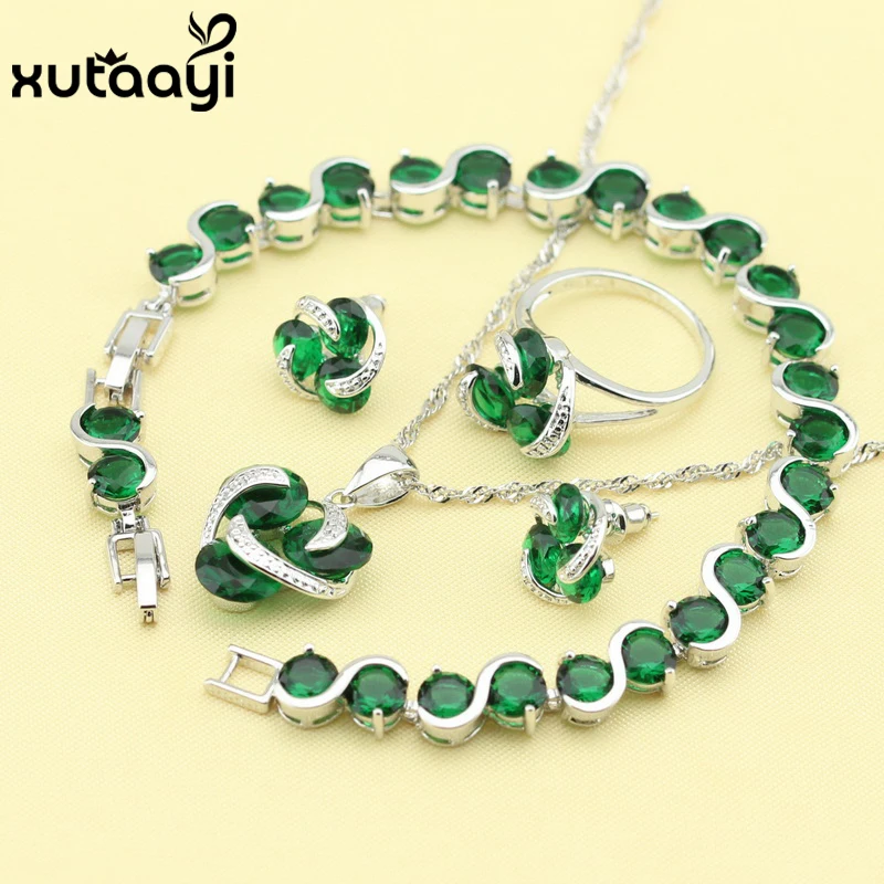 

Green Imitated Emerald New Fashion Silver Color Jewelry Sets For Women Sublime Wedding Necklace Rings Earrings Bracelet