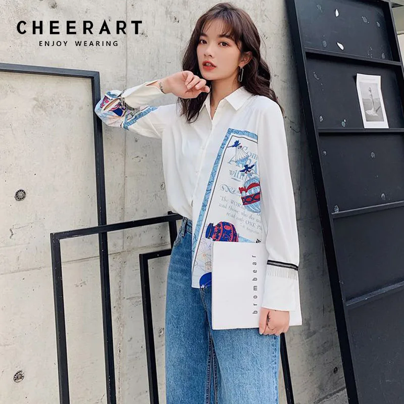 

Cheerart Vintage Shirt Women Print White Long Sleeve Blouse Beaded Top Femme High Fashion Blouse Spring 2019 Clothing