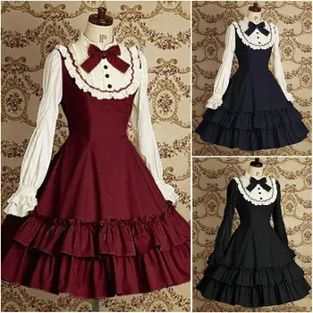 

free shipping 2016 women Court dress Bobbi spring summer college student Lolita vintage performance Dress Gown Long Sleeve Dress