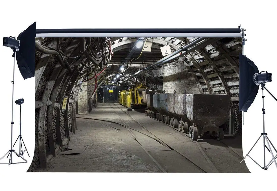 

Tunnel Backdrop Old Trucks Backdrops Coal Mine Railroad Tracks Industrial Production Grunge Photography Background for Worker