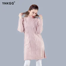 

YHKGG 2018 New Side Split Knitted Turtleneck Long Sweater Pullover Autumn Winter Robe Pull Hemp Pattern Simple Jumper