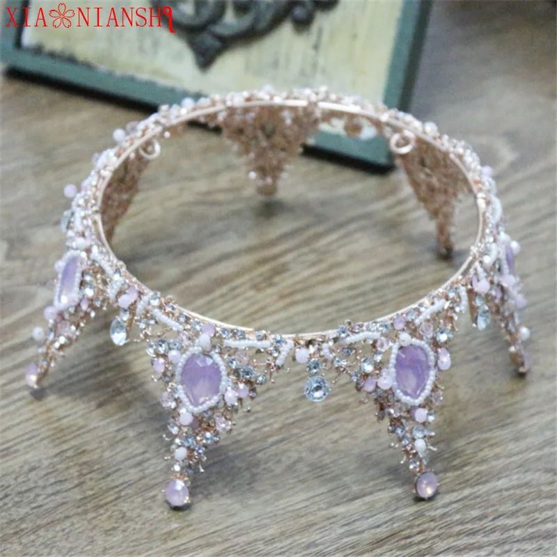 

XIAONIANSHI Baroque Vintage Purple Rhinestone Round Big Crown Wedding Headdress Luxury Crystal Queen King Crowns Bridal Tiaras