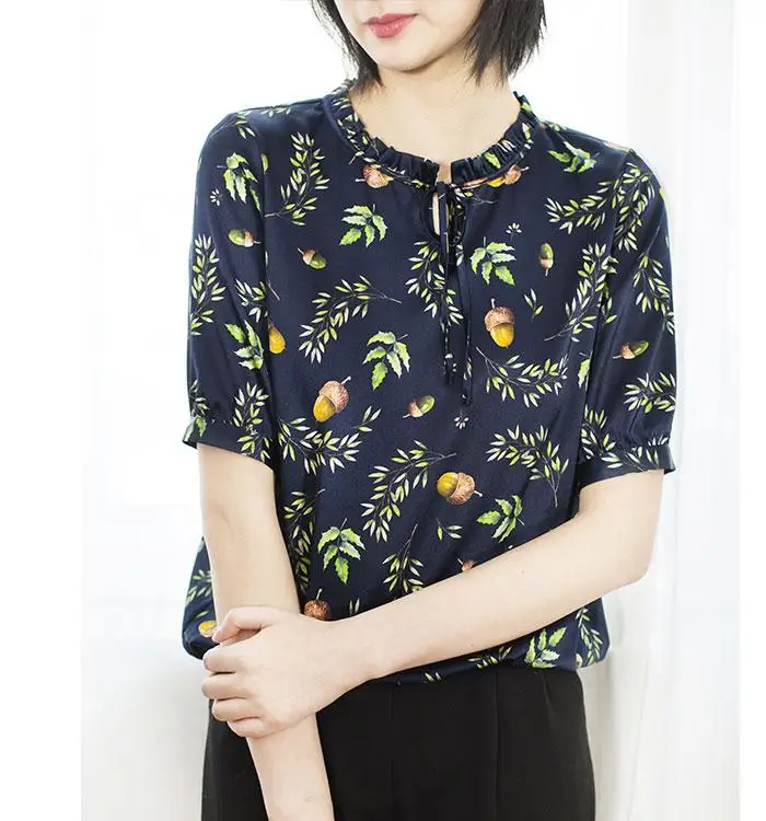 

Silk T-shirt Women 2019 Silk Temperament Tibetan Blue Silk Satin Shaping Silk Long Sleeve New T-shirt