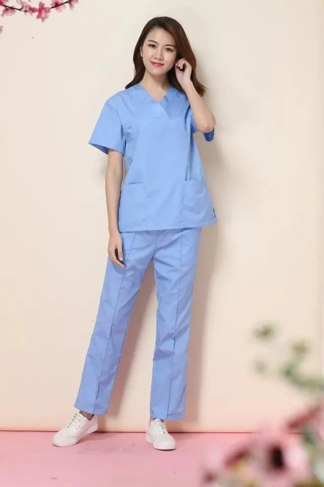 Скрабы медицинская Униформа Женская лабораторная рабочая одежда медсестры одежда больничный хирургический халат короткий рукав летний костюм - Цвет: blue
