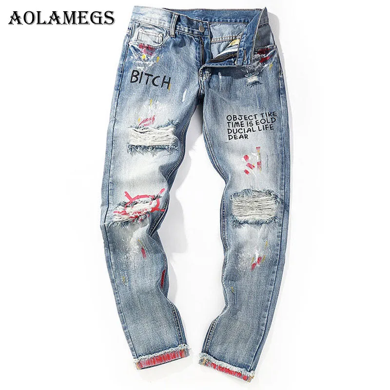 Aolamegs Biker Jeans Men Letter Hole Graffiti Denim Pants Mens Vintage Skinny Jeans Baggy Trousers Boy  Jean Fashion Streetwear