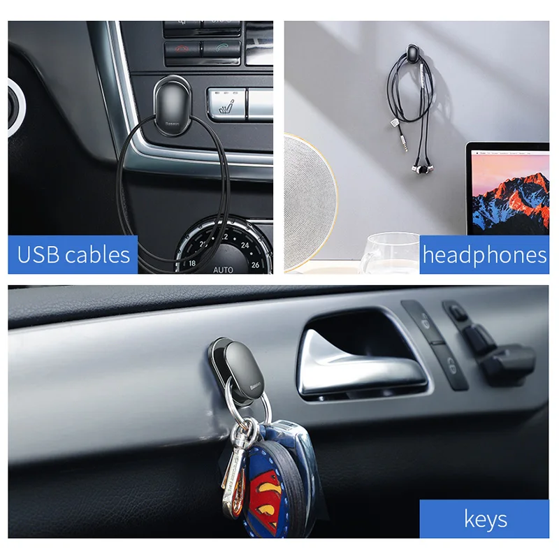 Baseus 4Pcs Small Car Holder Wall Hooks Hanger Clip For USB Cable Earphone