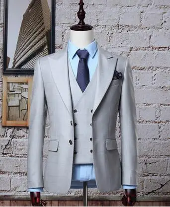 

Custom Made light grey men wool fabric double breast Suit Retro gentleman Classic Men Slim Fit Wedding Suit (jacket+pants+vest)