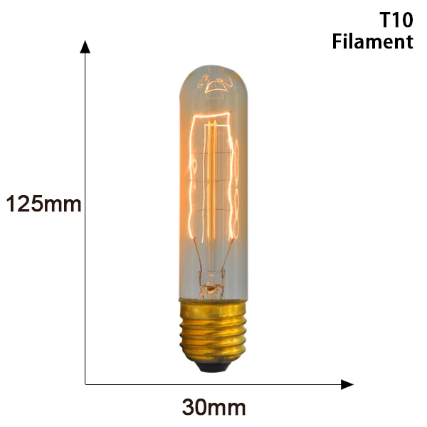 Винтажный светильник, лампочка эдисона, лампа Эдисона 40 Вт, 220 В, ST64, T45, G80, G95, G125, ампульная нить, E27, светильник, лампочка, ретро ампула - Цвет: T10 Filament