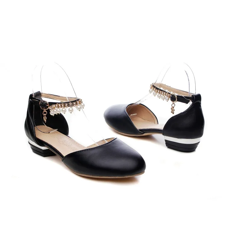 Pumps Spring and autumn The New fashion Round head Buckle String Bead Thick heel Low-heeled Women's shoes plus size 30-45