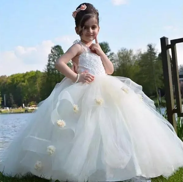 

Princess White Lace 3D Flower Ball Gown Flower Girl Dresses Tulle Lace Child Pageant Dresses Beautiful Girls Dress