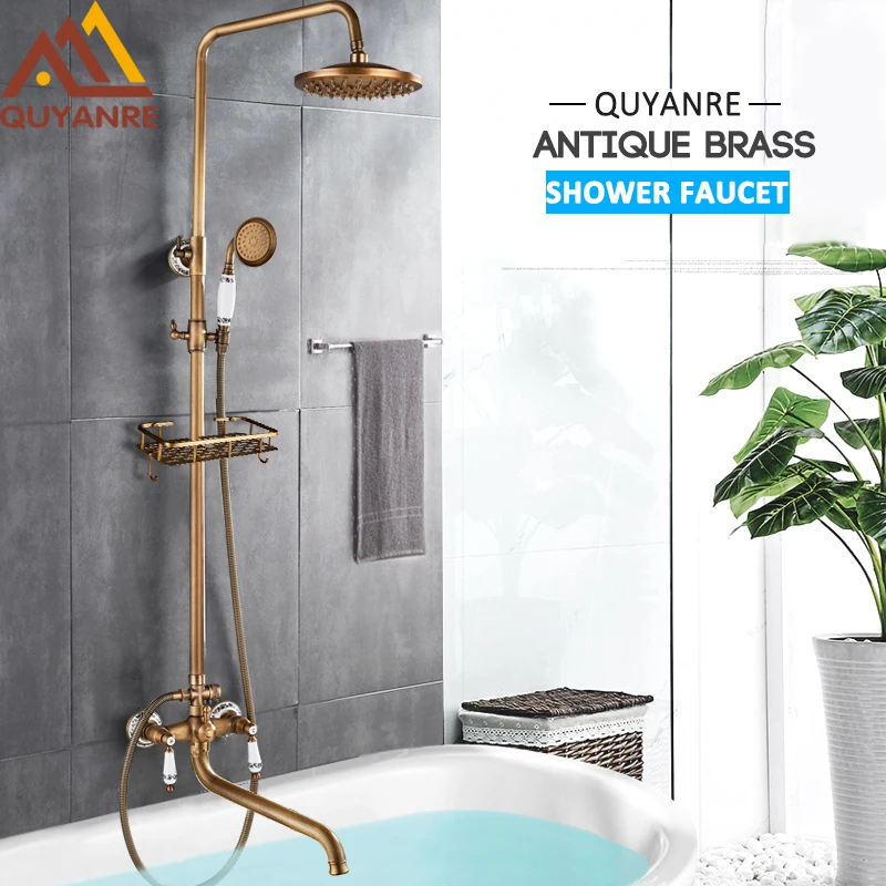 quyanre wanfan antique brass wall mount shower faucet set with commodity shelf dual handles mixer tap with 30cm longness spout bathtub shower faucet