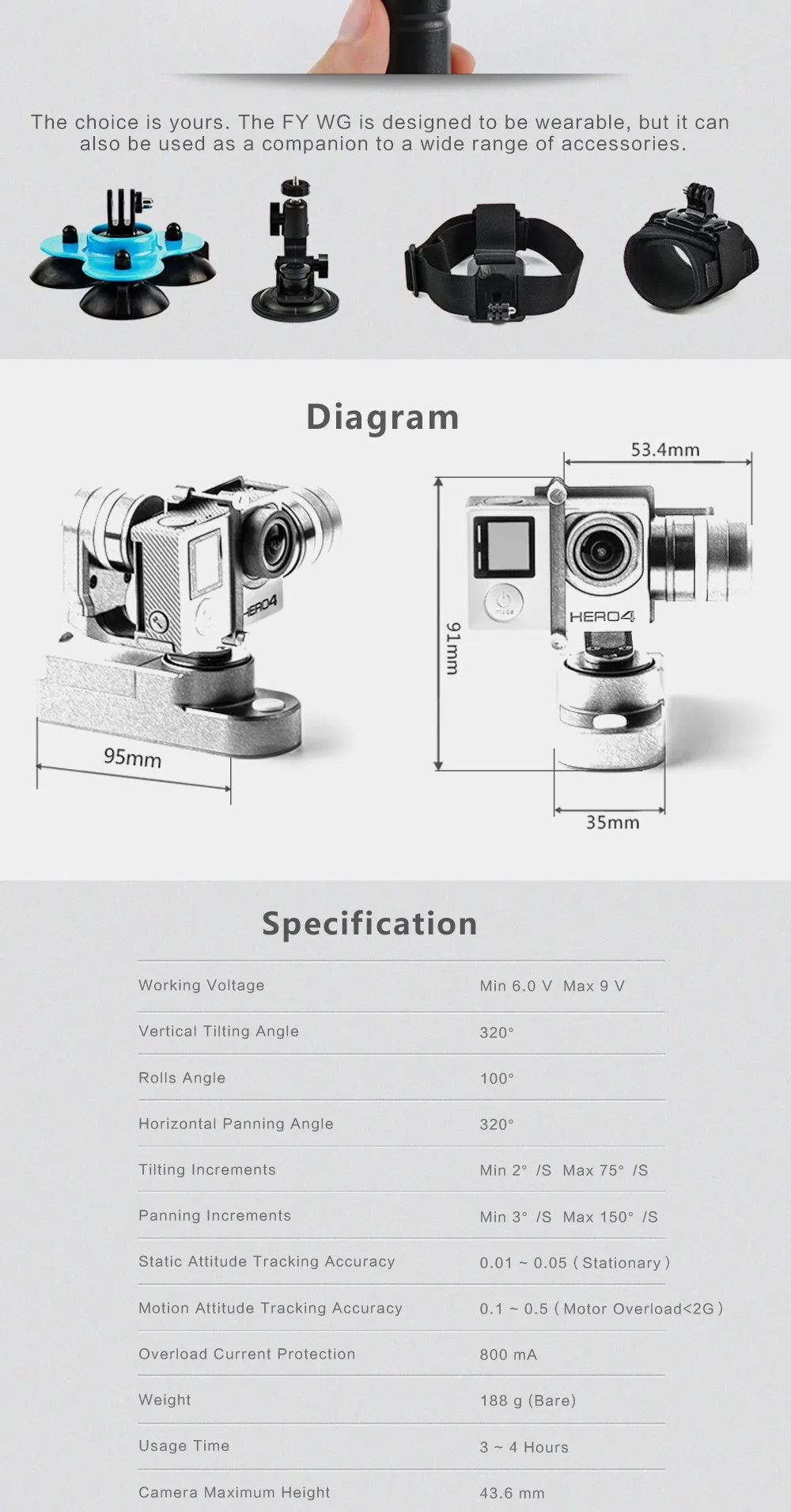 Feiyu WG носимых Gimbal 3 оси Бесщеточный Карданного для GoPro 3/3 +/gopro 4 AEE Xiaoyi спортивные Камера