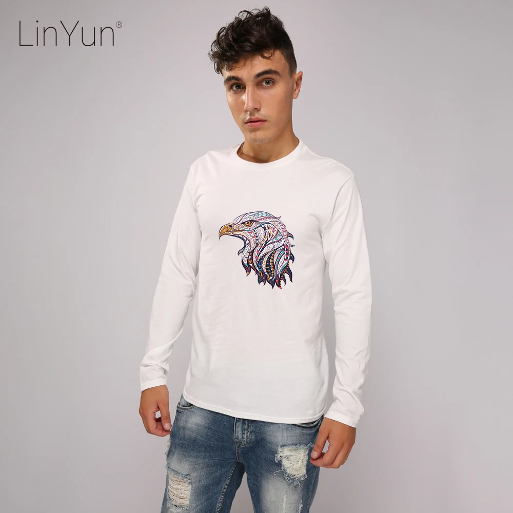 Linyun 100% хлопок 3D США Eagle Мужская футболка белый с длинным рукавом мужской Фитнес