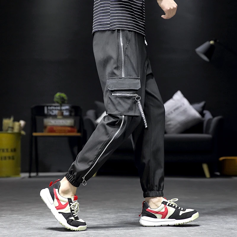 

Tread Men Cargo Pants Elastic Waist Multi-Pockets Mens Pants Side Zipper Design Casual Pants Men Pantalones Hombres