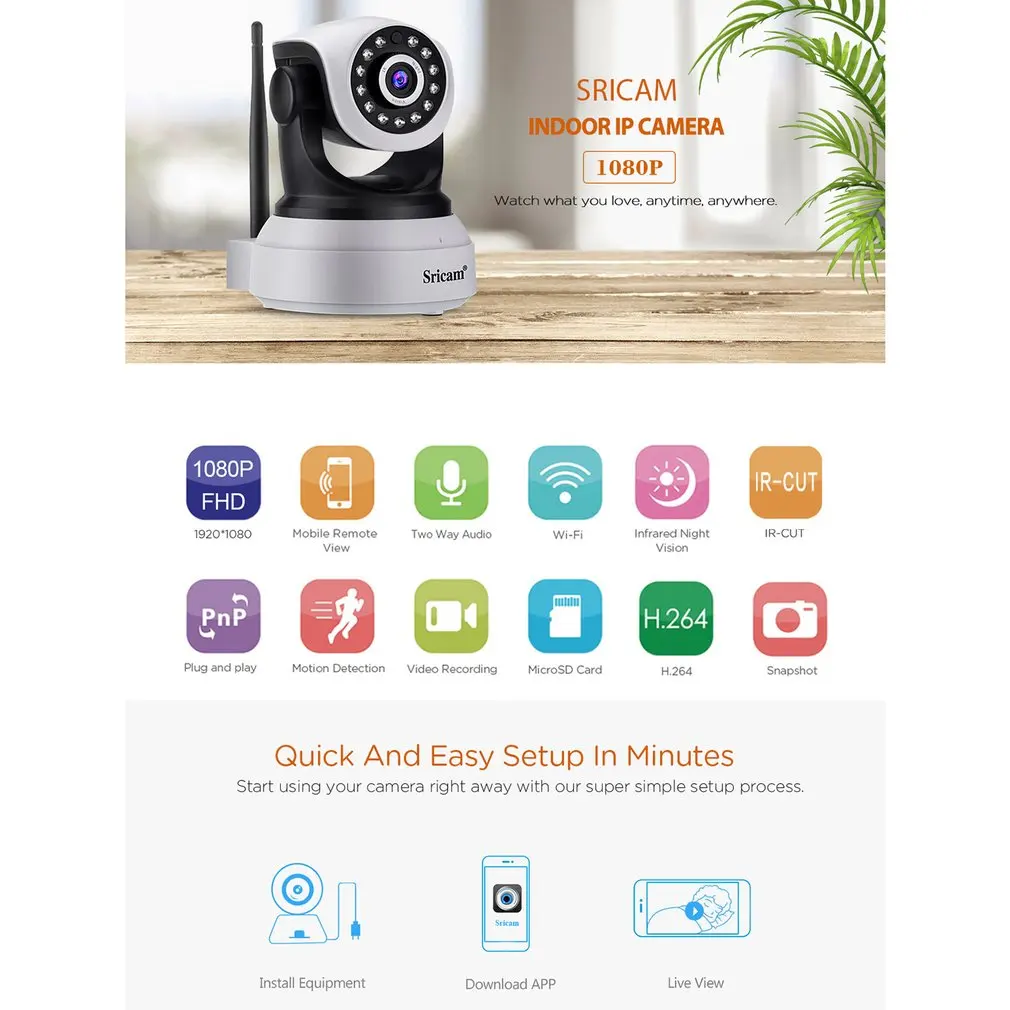 1080P Sricam HD Беспроводная ip-камера безопасности Wifi двухсторонняя аудио IR-Cut ночное видение Аудио Сигнализация для внутреннего наблюдения детский монитор