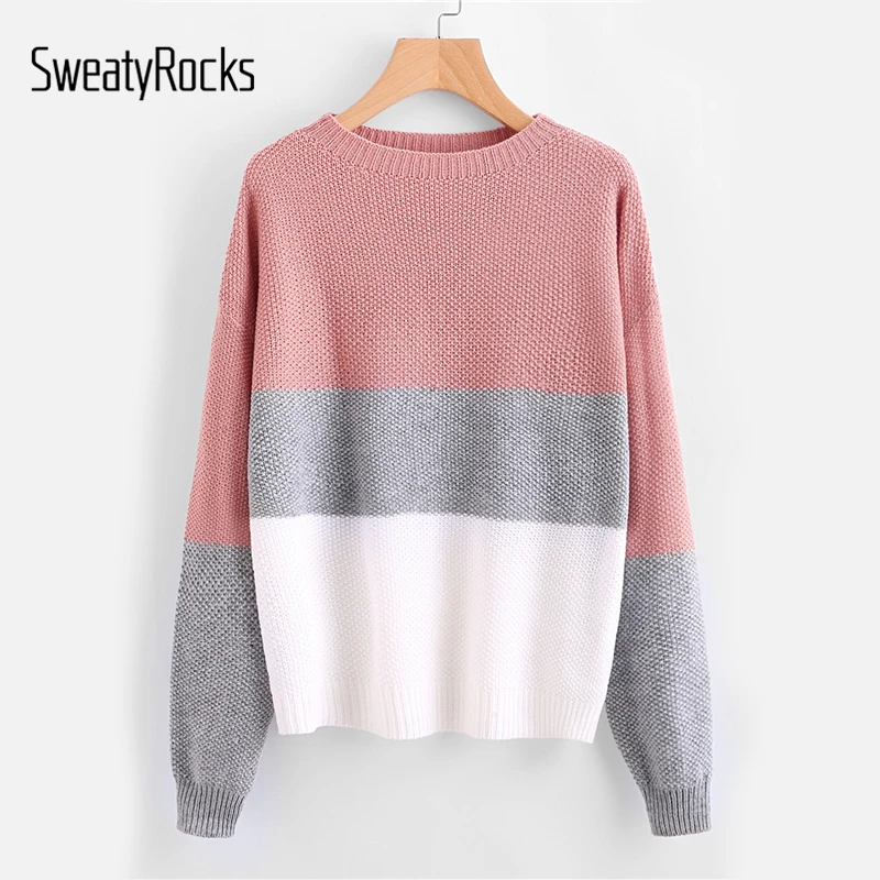 

SweatyRocks Drop Shoulder Color Block Textured Loose Sweater Women Round Neck Long Sleeve Top Ladies Casual Sweater