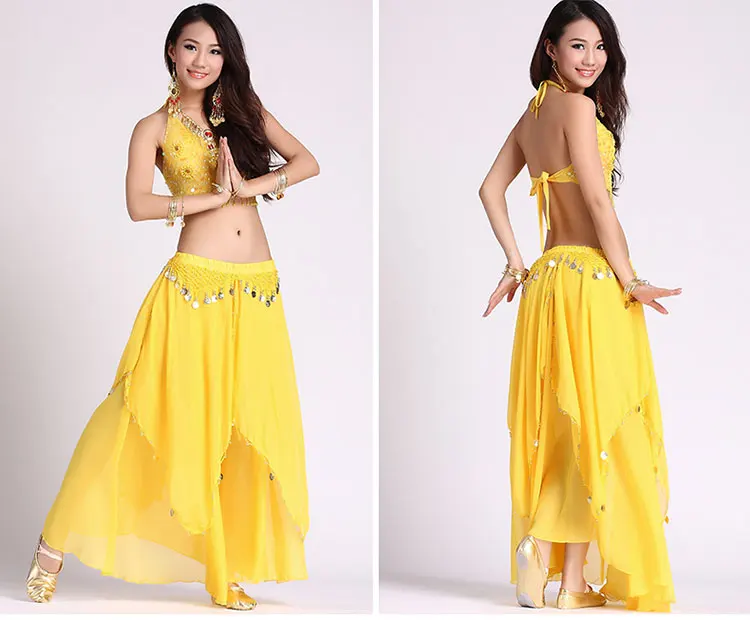 Women Belly Dacing Clothing 5 Flowers Top+Gold Coins Skirt 2pcs Belly Dance Suit For Lady Belly Dance Clothes - Цвет: Цвет: желтый