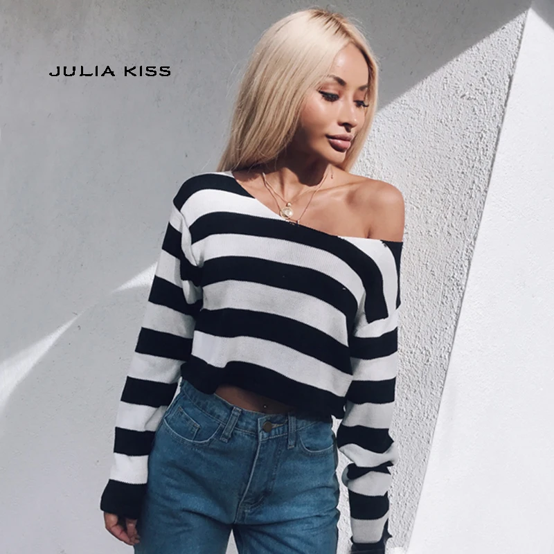 

Women Block Striped Crop Knit Sweater Knit Pullovers