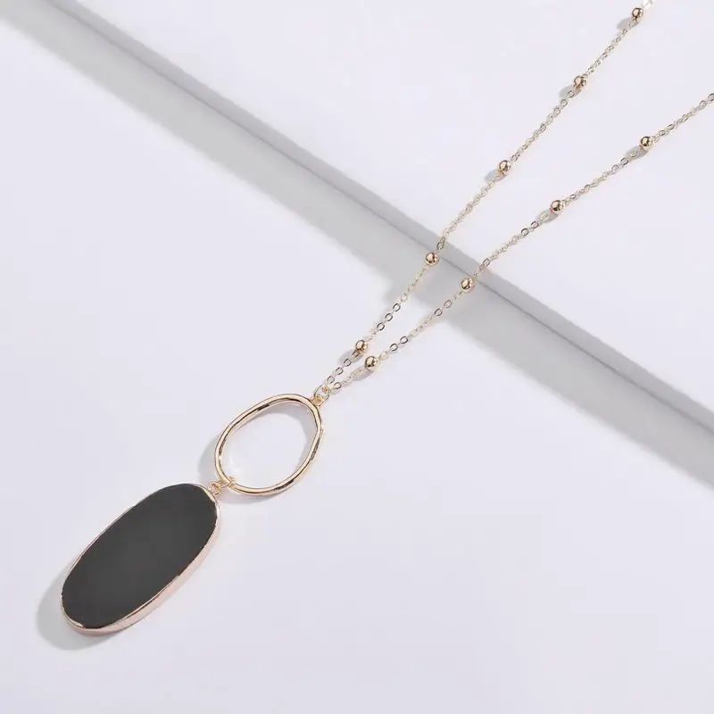 Long Chain Brass Copper Border Oval Natural Stone Pendant Metallic Hook 