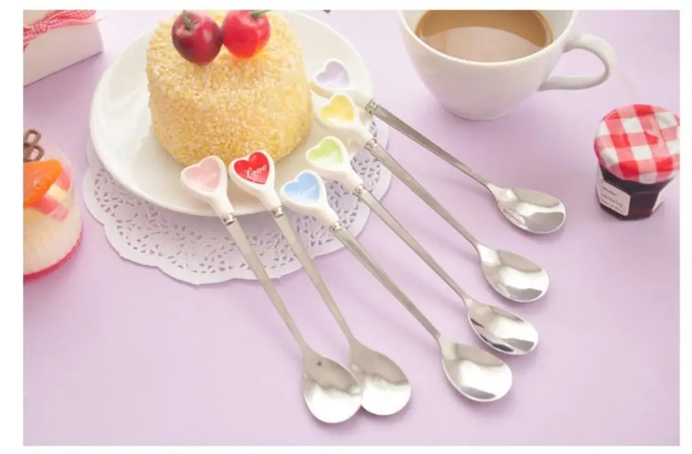 Чайная ложка для мороженого, десерта, разноцветная, с сердечками, длинная керамическая ручка, нержавеющая сталь, кофейная ложка для перемешивания супа, посуда A440