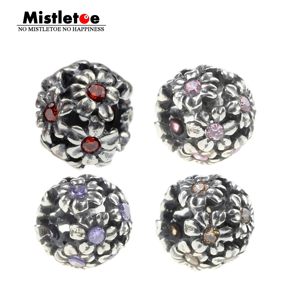 Authentic 925 Sterling Silver Openwork Daisies Flowers Purple Pink