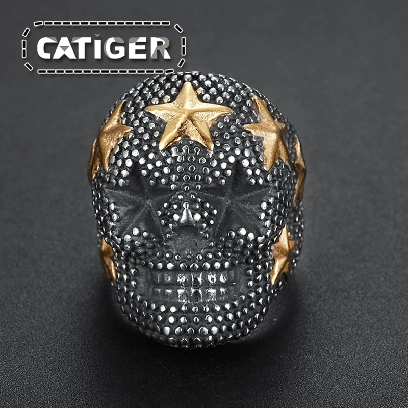 Punk Size 7 to Size 15 Mens Boys 316L Stainless Steel Cool Golden Plated Star Terminator Punk Gothic Biker Skull Ring