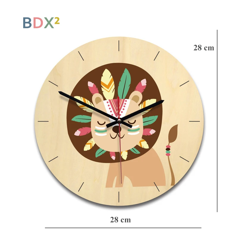 cheap Lovely Animal Wooden Decoration Wall Clock UV Print Household Decorative Quiet Clock Lion Fox Clock