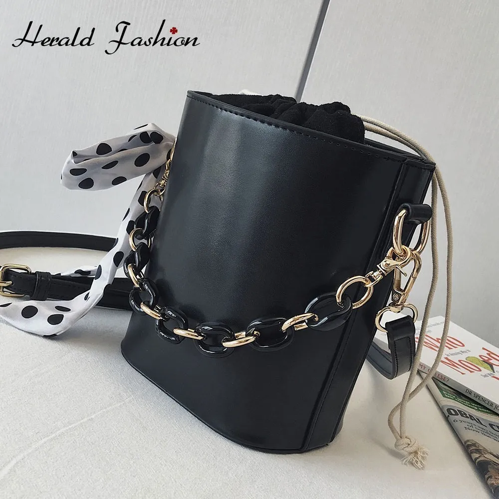 

Herald Fashion Quality Leather Drawstring Female Shoulder Bags with Dot Scarves Women Bucket Messenger Bag Ladies Crossbody Bags