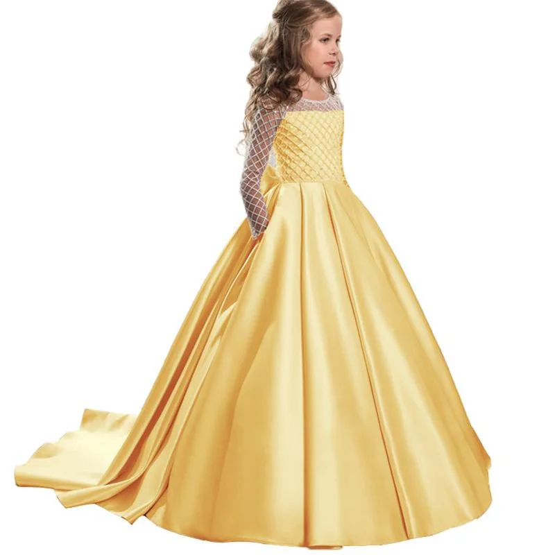 

2020 Pageant Ball Gown Embroidery Princess Evening Party Long Dress With Big Bow Elegant Flower Girls Dress Vestido Comunion