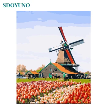 

SDOYUNO Frame Windmill DIY Painting By Number Landscape Modern Wall Art Canvas Painting Acrylic Paint By Number For Home Decor