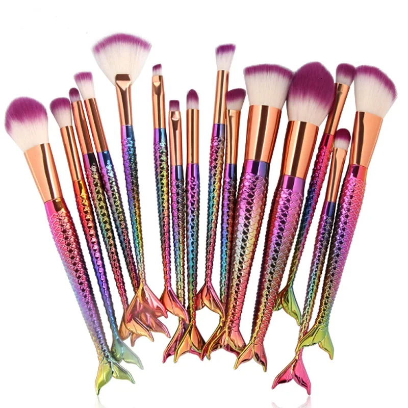 Профессиональные разноцветные кисти для макияжа в виде русалки с радугой, 15 шт., наборы кистей для макияжа в виде единорога, инструмент для нанесения основы
