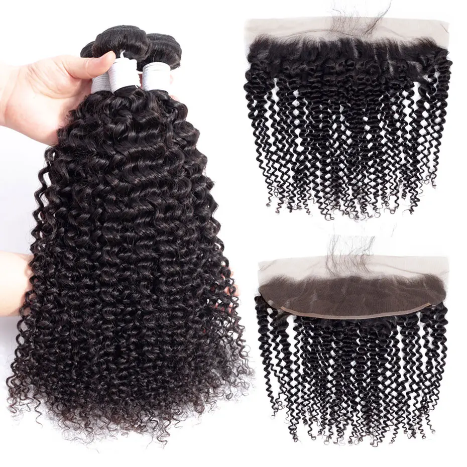 Kinky Curly Bundles With Frontal Ear To Ear Lace Closure 100% Human Hair Bundles With Closure 130% Density Free Shipping Remy