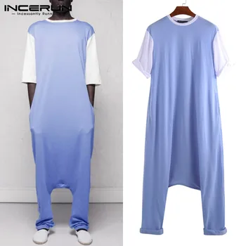 

INCERUN 2020 Fashion Loose Men Jumpsuit Half Sleeve Patchwork O Neck Drop Crotch Pants Rompers Hip-hop Men Overalls Summer S-5XL