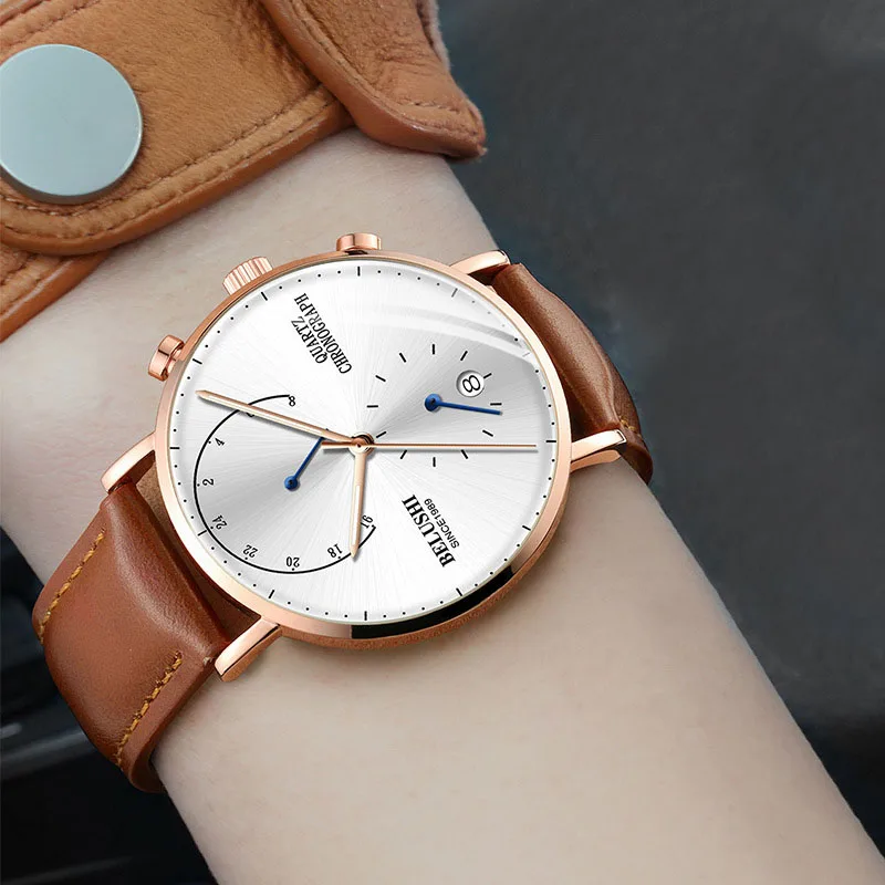 Belushi мужские водонепроницаемые часы кожаный ремешок тонкий кварцевые повседневные деловые мужские наручные часы лучший бренд Belushi мужские часы