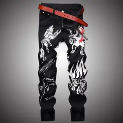 2019 модный принт джинсы, мужские брюки черный Slim Fit джинсовые брюки джинсы джоггеры Для мужчин хип-хоп Рок уличная штаны Костюмы WA105