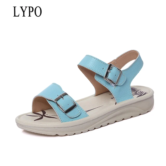 LYPO 2018 Summer Ladies Sandals Leather Low Heel Flats Soft basic Women Shoes Comfort Female Buckle Strap blue casual Sandals