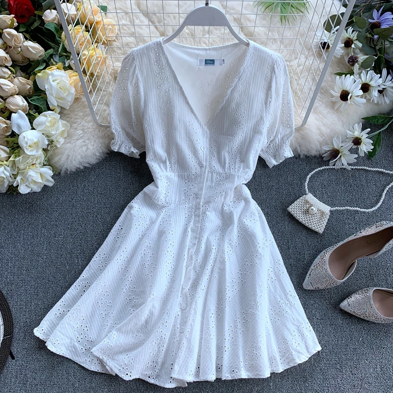 

Women Hollow 2019 New V-neck Slim High Waist Short Sleeve Casual Dress Lady White Elegant Vestidos H031