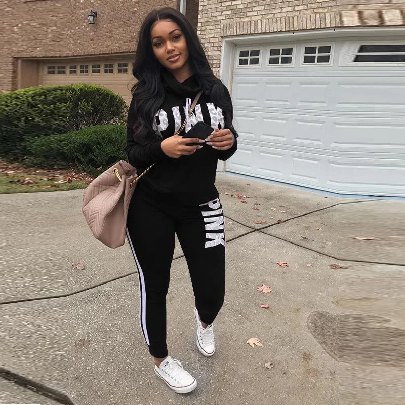 Women Word Letter Print Cowl Fashion Neck Sweatshirt Long Pant Jumpsuits 2 Piece Outfits Pink Letter Tracksuits Autumn Set Black Women's Sets