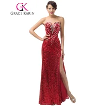 Luxury Grace Karin Long Formal Evening Dresses Crystal Sequin Pongee Split Red Elegant Evening Gowns Sexy Party Dress CL6102
