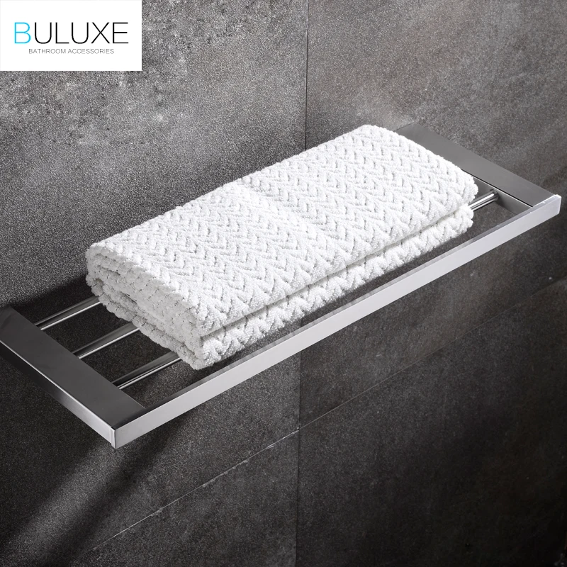

Buluxe Brushed Stainless Steel Towel Rack Square Single Tier Towel Holder with Bar Wall Mounted Bathroom Accessories IFG727
