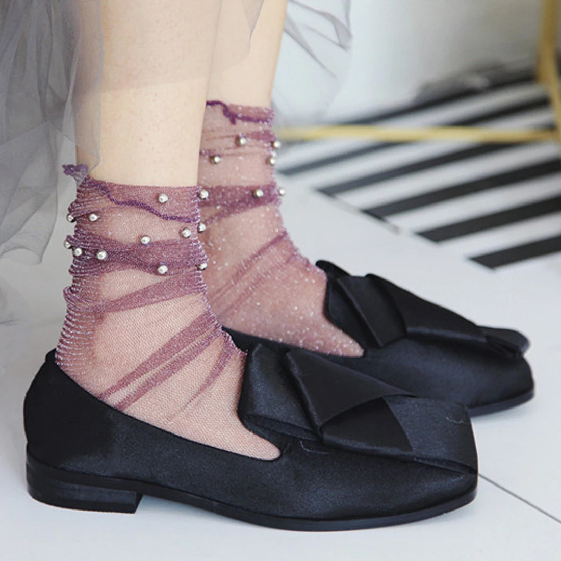 Горячие блестящие сетчатые серебряные носки с бусинами женские блестящие Harajuku мягкие носки до лодыжки смешная прозрачная марлевая