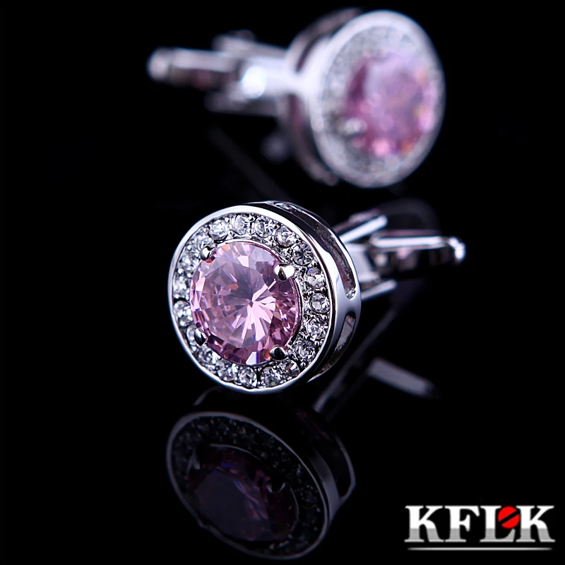 

KFLK Jewelry shirt cufflink for mens Brand Fashion Cuff link Luxury wedding Button male High Quality Pink Crystal Free Shipping