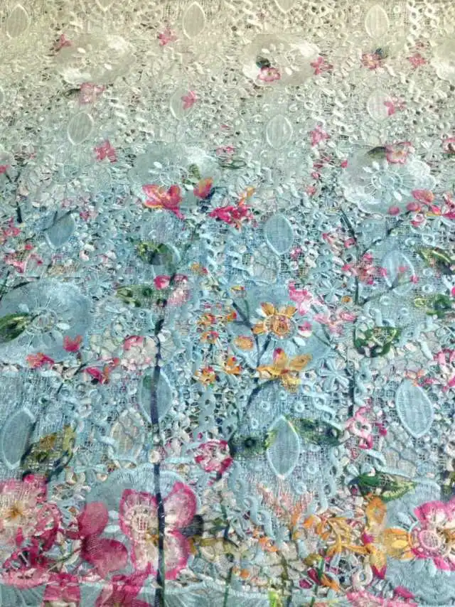 

New indian fabrics High Quality Print Embroidery Water Soluble Cord/Guipure Lace Fabric 100% polyester multicolor tulle fabric