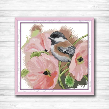 

The bird with poppies animal flowers painting counted print on canvas DMC 11CT 14CT kits Cross Stitch embroidery needlework Sets