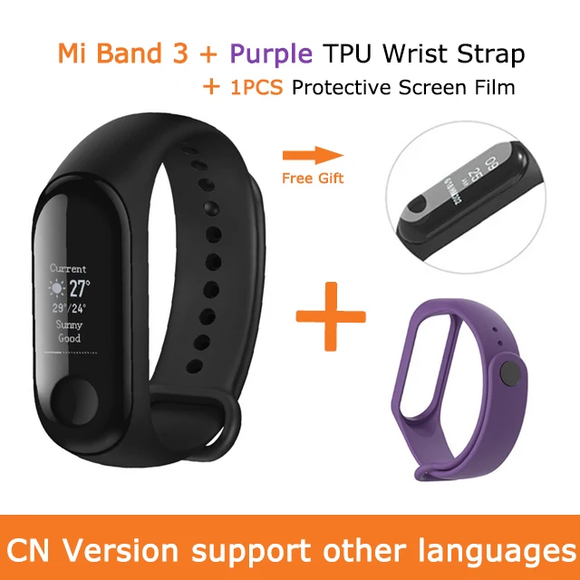 Xiaomi Mi Band 3 Смарт-браслет Miband 3 OLED сенсорный экран 0,7" дисплей с сообщением, погода, фитнес-трекер, умные часы - Цвет: Add Purple Strap