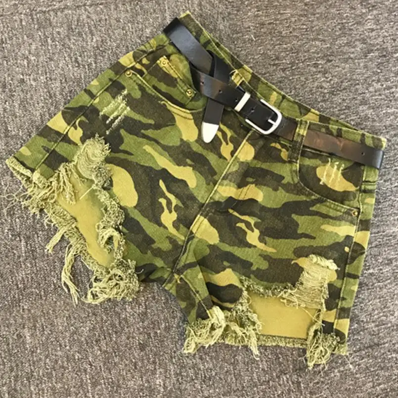 

Women Print Camouflage denim shorts irregular tassels high waist Short