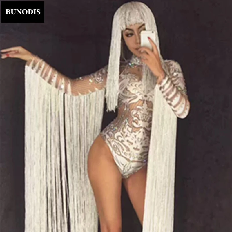 

ZD012 White Tassel Queen Sparkling Crystals Bodysuit Nightclub Party DJ Dancer Singer Costume Performance Celebrate Stage Wear