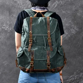 

New Vintage men's Waxed Canvas Backpack Mountaineering Oli Leather Women Bagpack waterproof Backpacks large capacity travel Bags